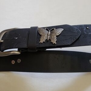 Black Leather Belt with Butterfly Buckle